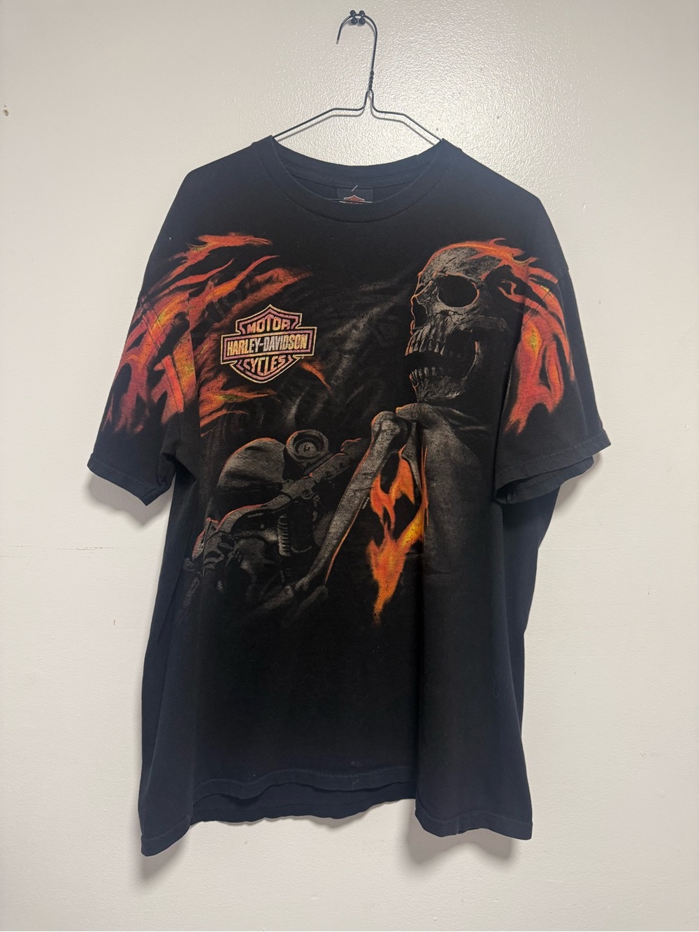 Harley-Davidson Black Tee with Orange Flame Skull Graphic